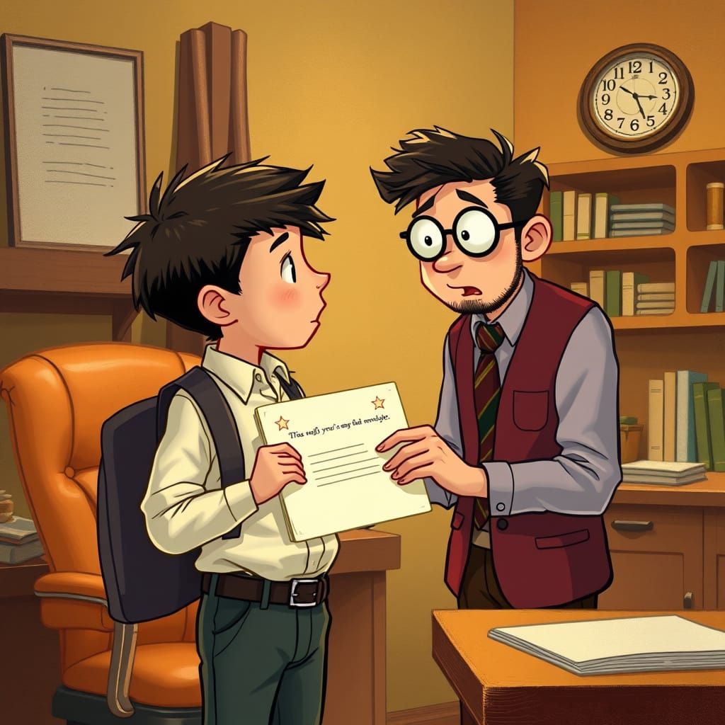 Boy Receives Reward in Earthy-Toned Office