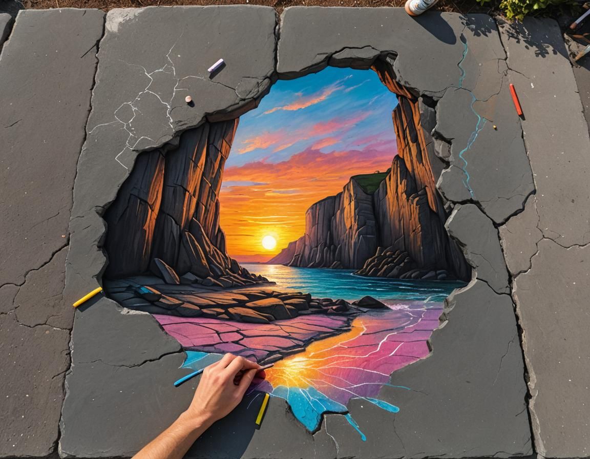 Hyperrealistic Chalk Art Cliff at Sunset