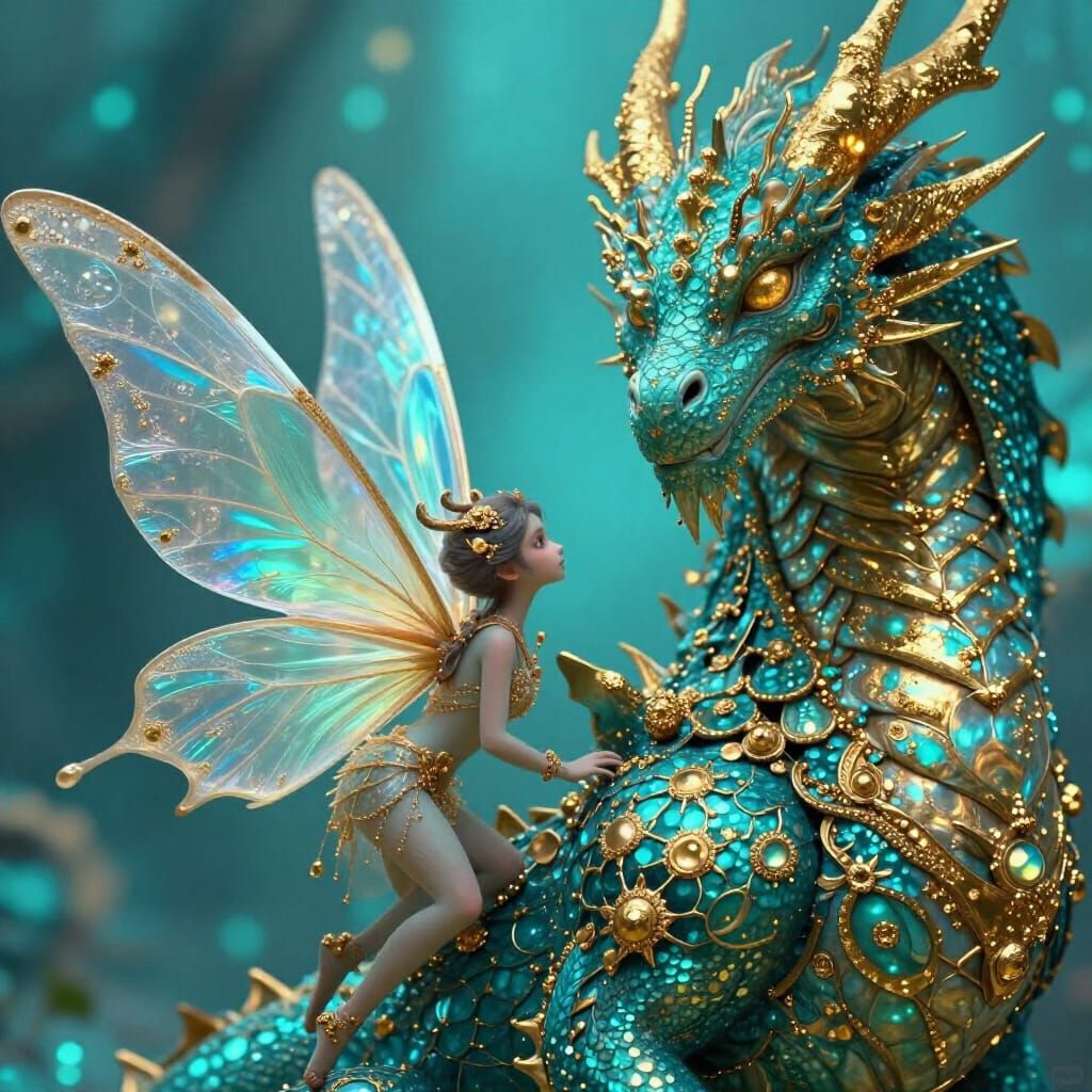 Fairy and Dragon with Gold Dust in Cinematic Turquoise