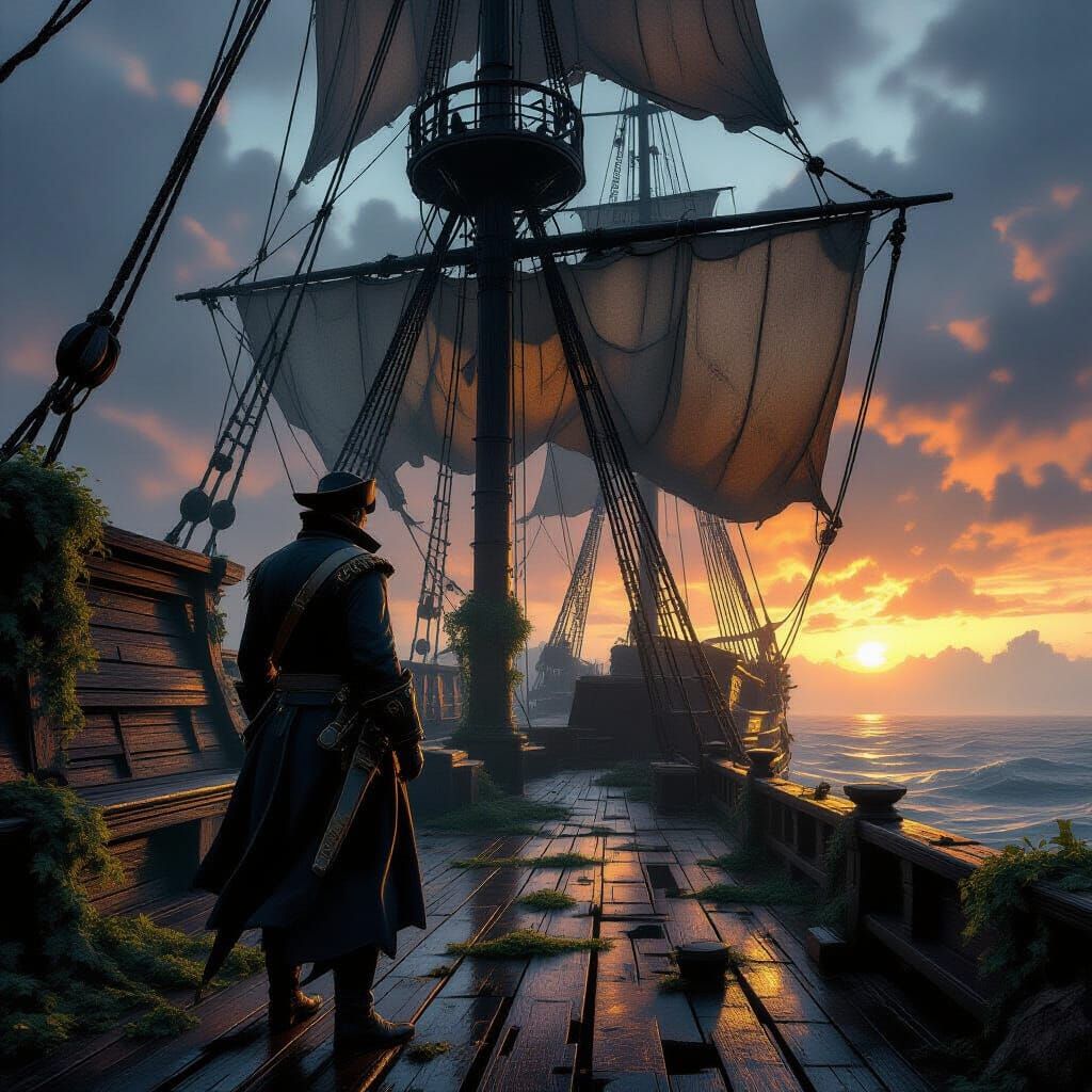 Lone Captain on Derelict Ship at Sunset