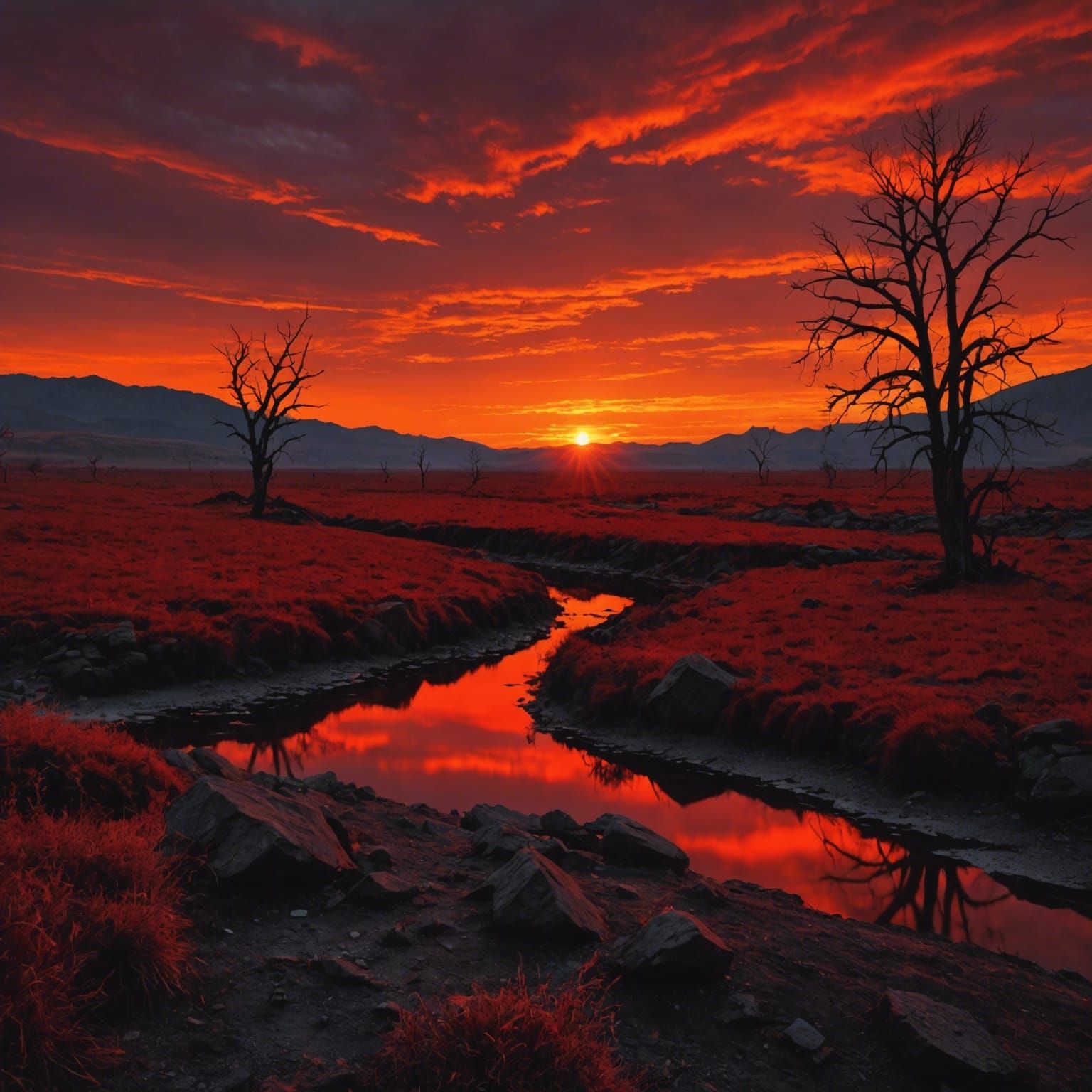 Bloody Red Sunset Landscape, Detailed Painting