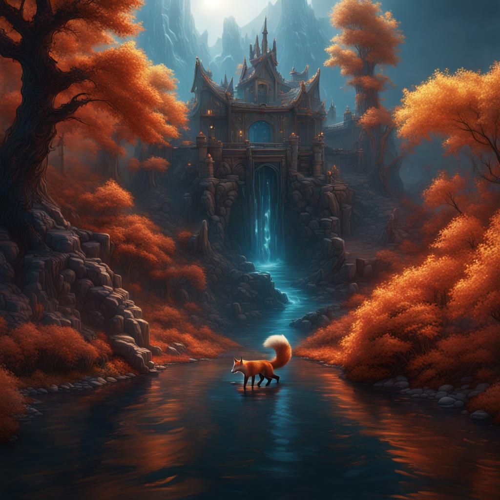 Elemental Fox: Water and Fire in Detailed Matte Painting