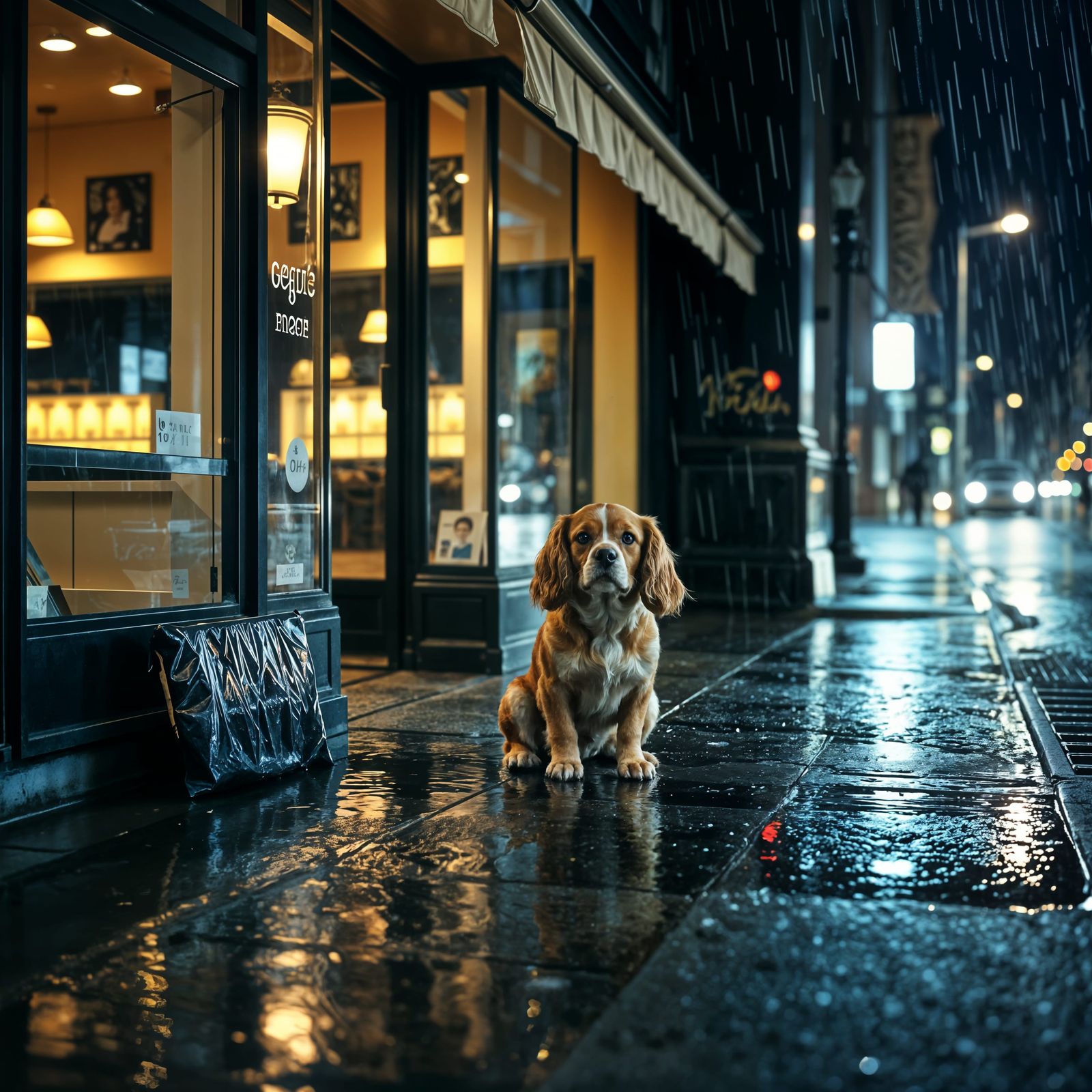 Cavalier King Charles Spaniel Under Awning in Night Rain