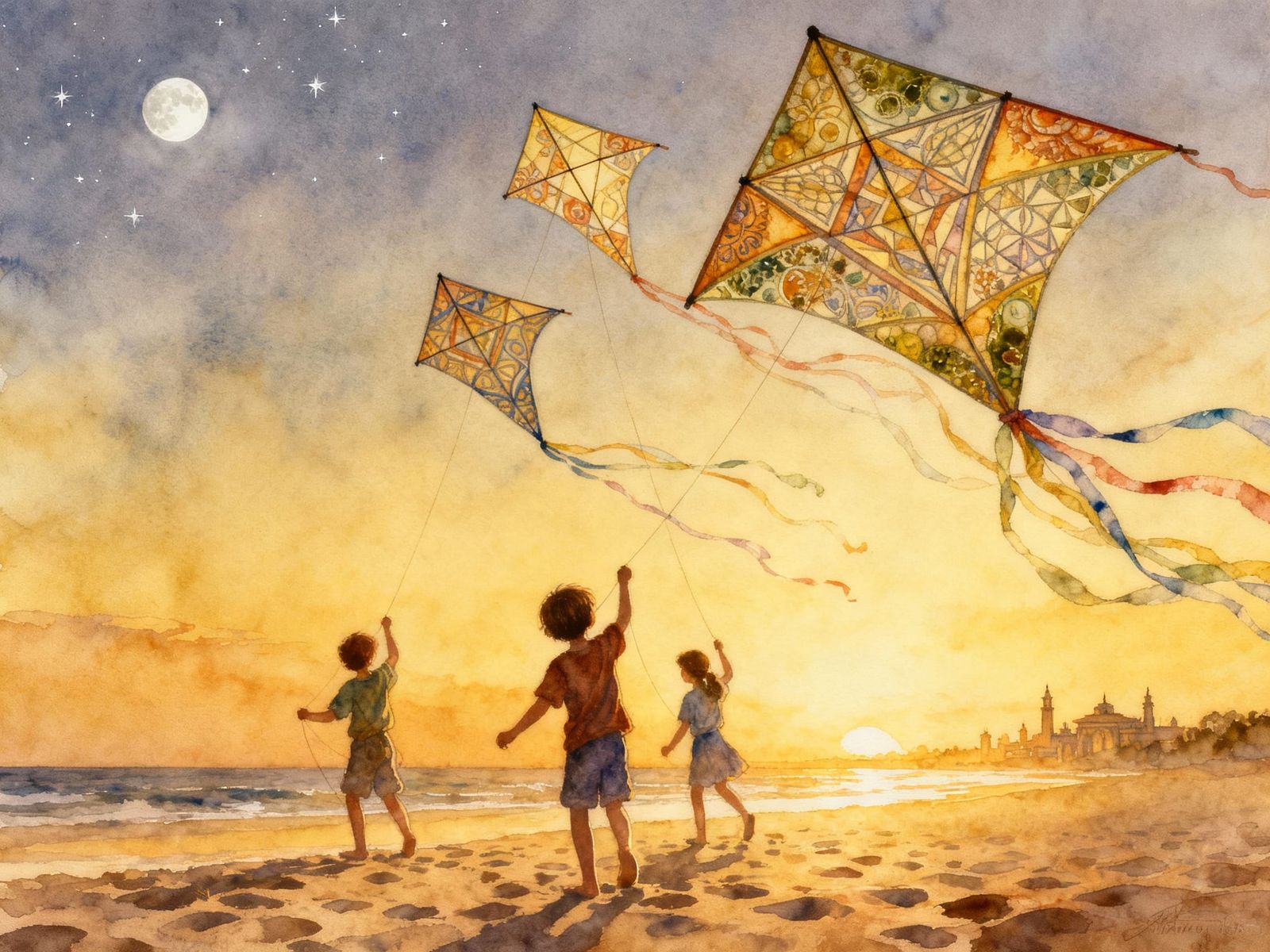 Children Fly Kites on Beach Under Evening Stars