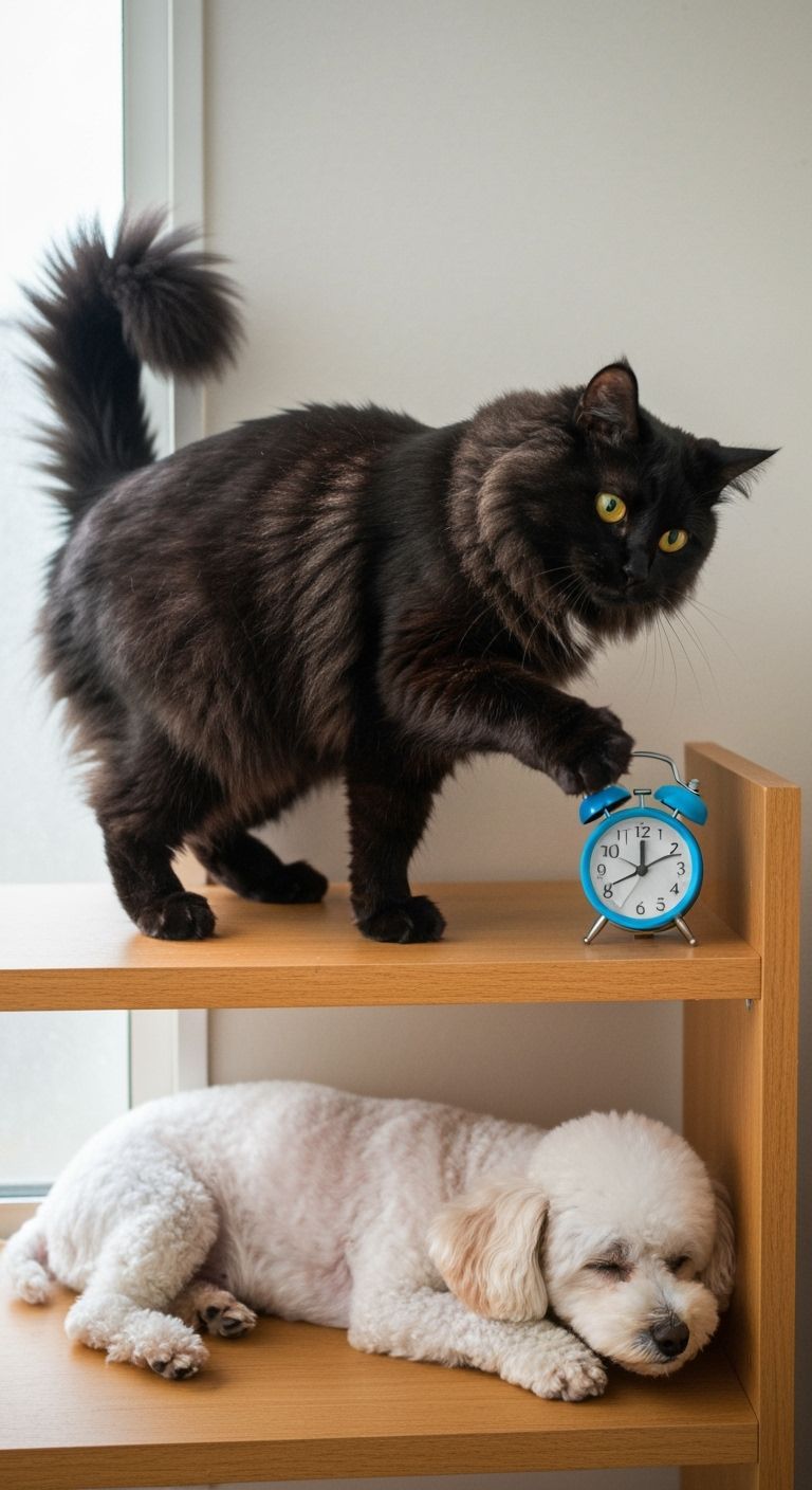Cat vs. Alarm Clock, Sleeping Dog Below