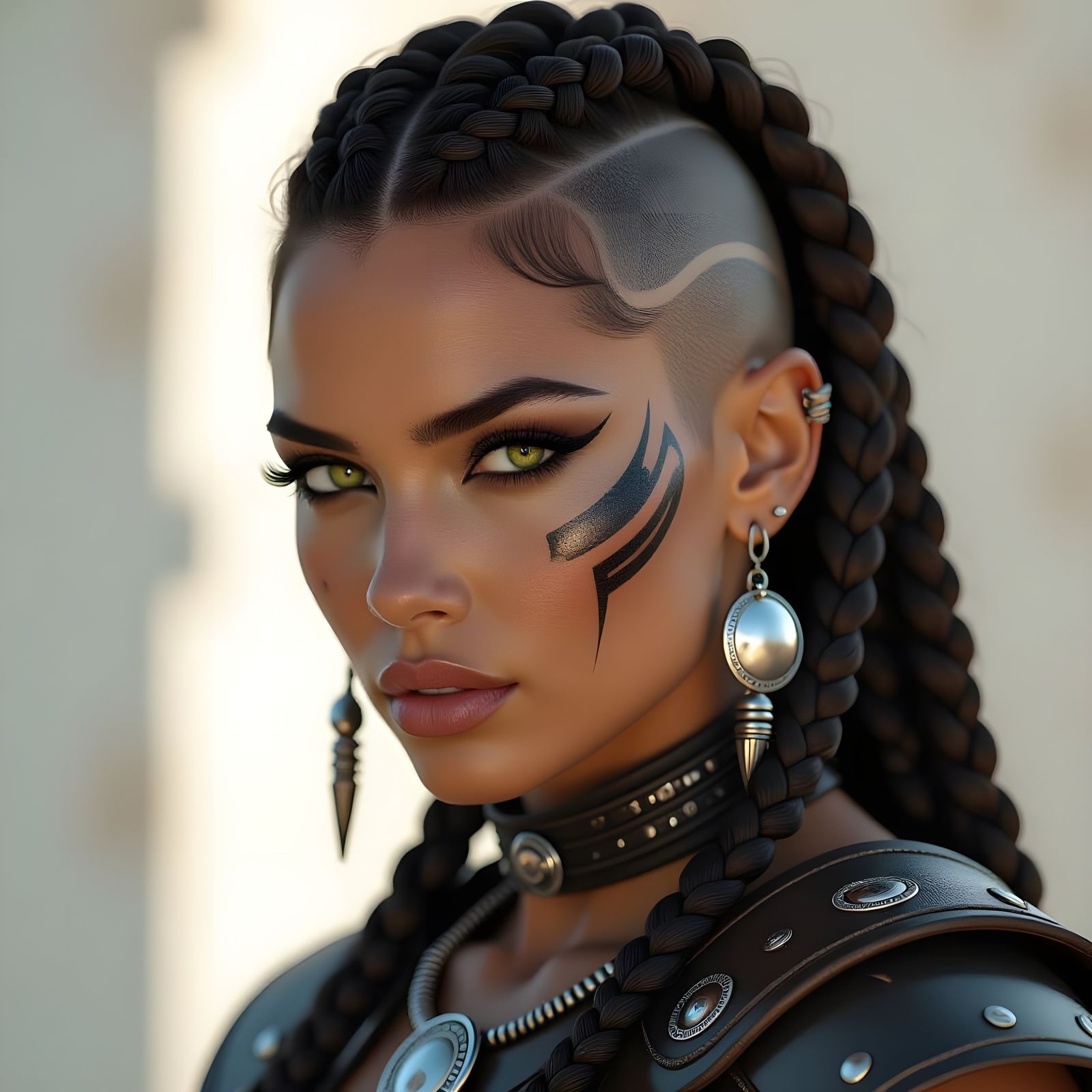 Fierce Tattooed Warrior Woman in Post-Apocalyptic Setting