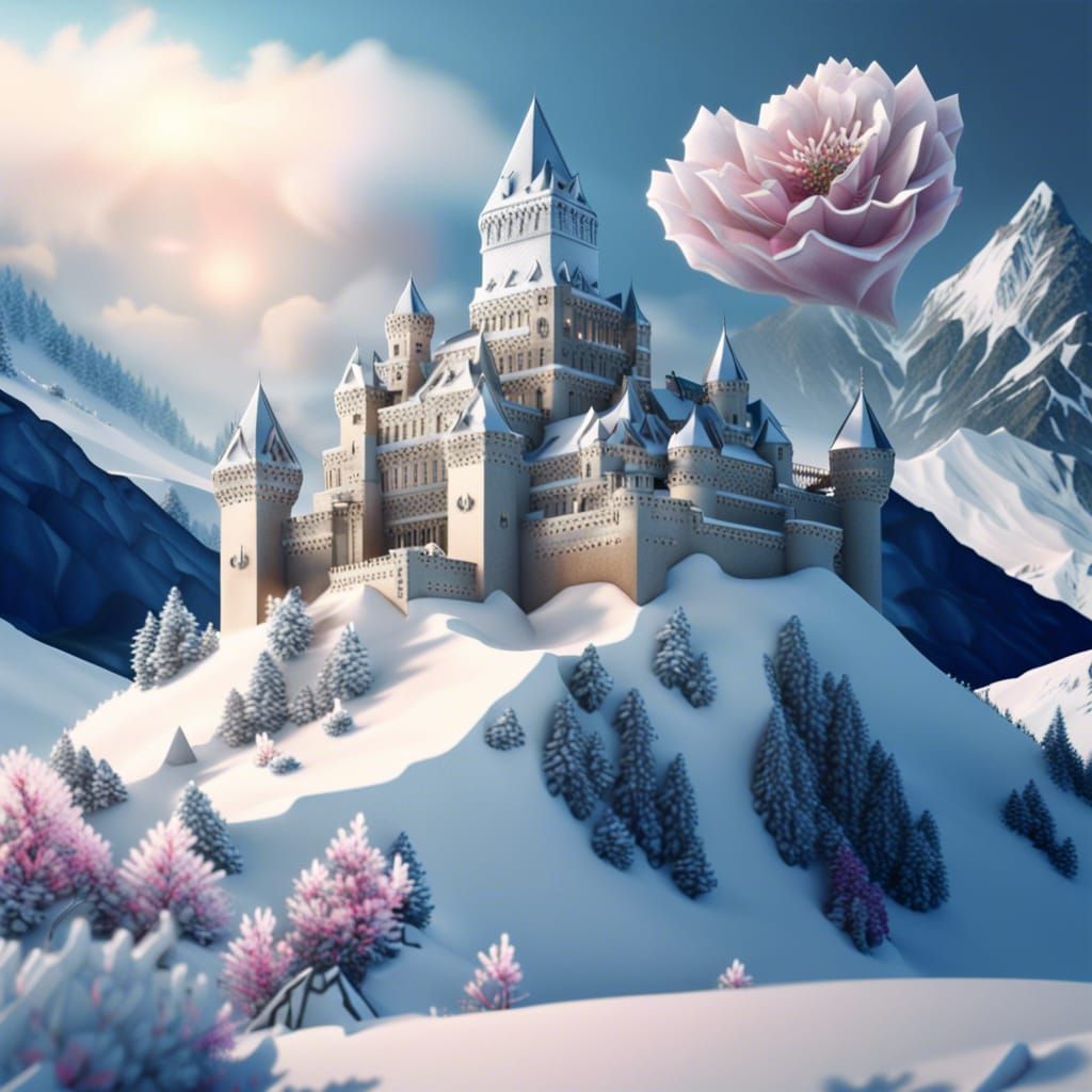Diamond Castle on Snowy Mountain in Hyperrealism