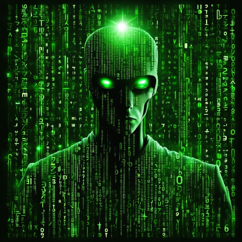 Matrix Style Alien-Human Hybrid in Binary Starscape