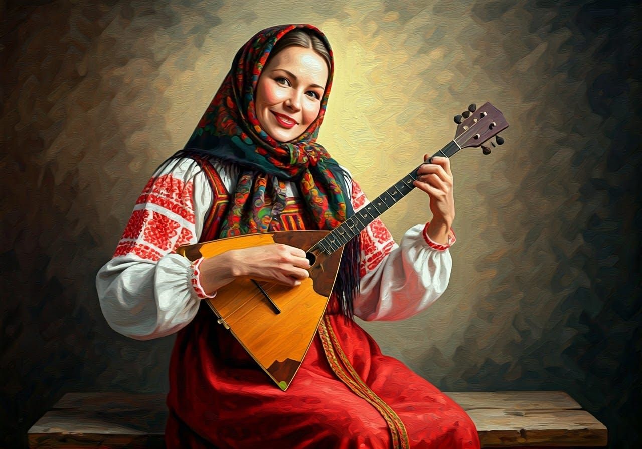 Russian Folk Balladeer in Crimson Sarafan Dress