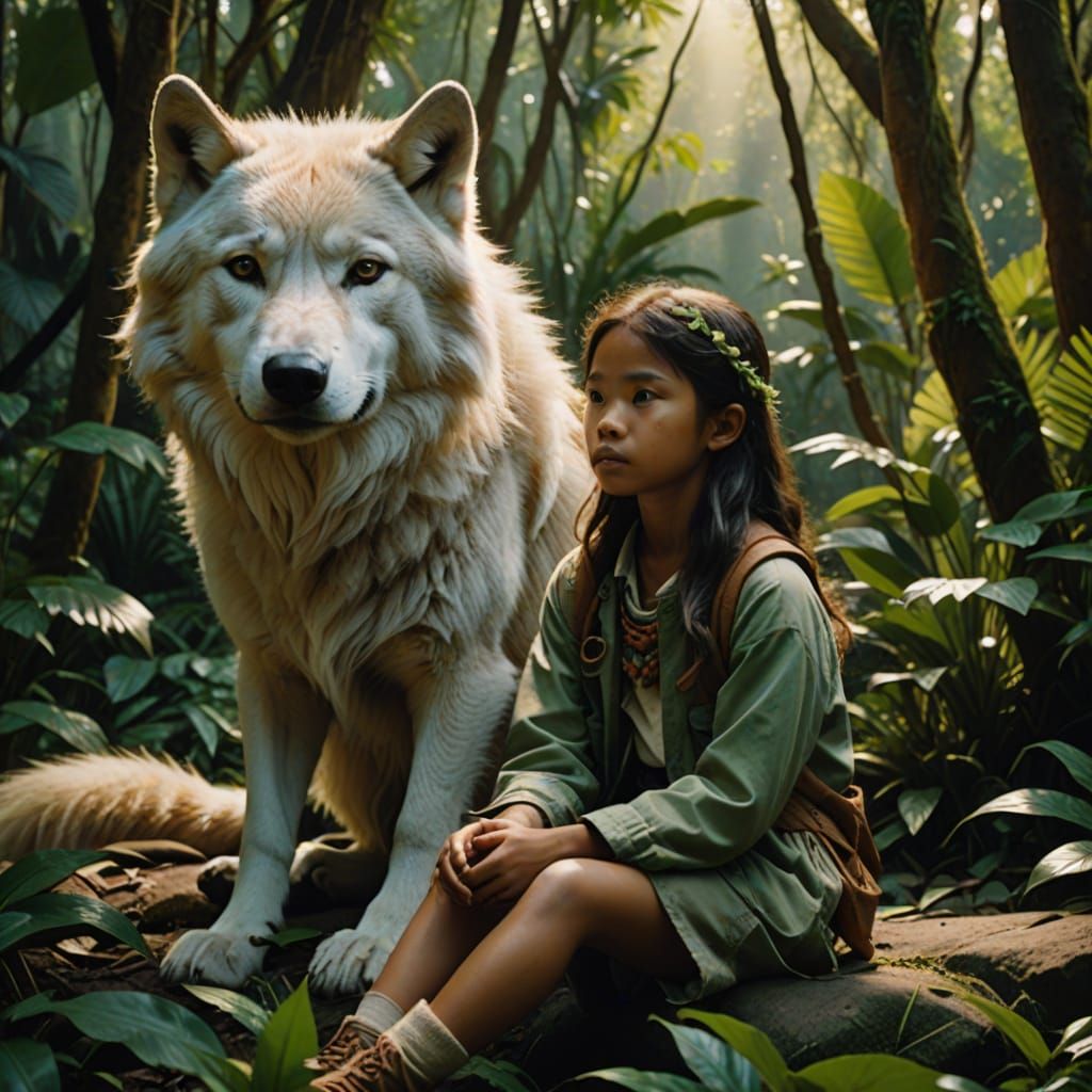 Indonesian Jungle Girl with Wolf as Oil Painting