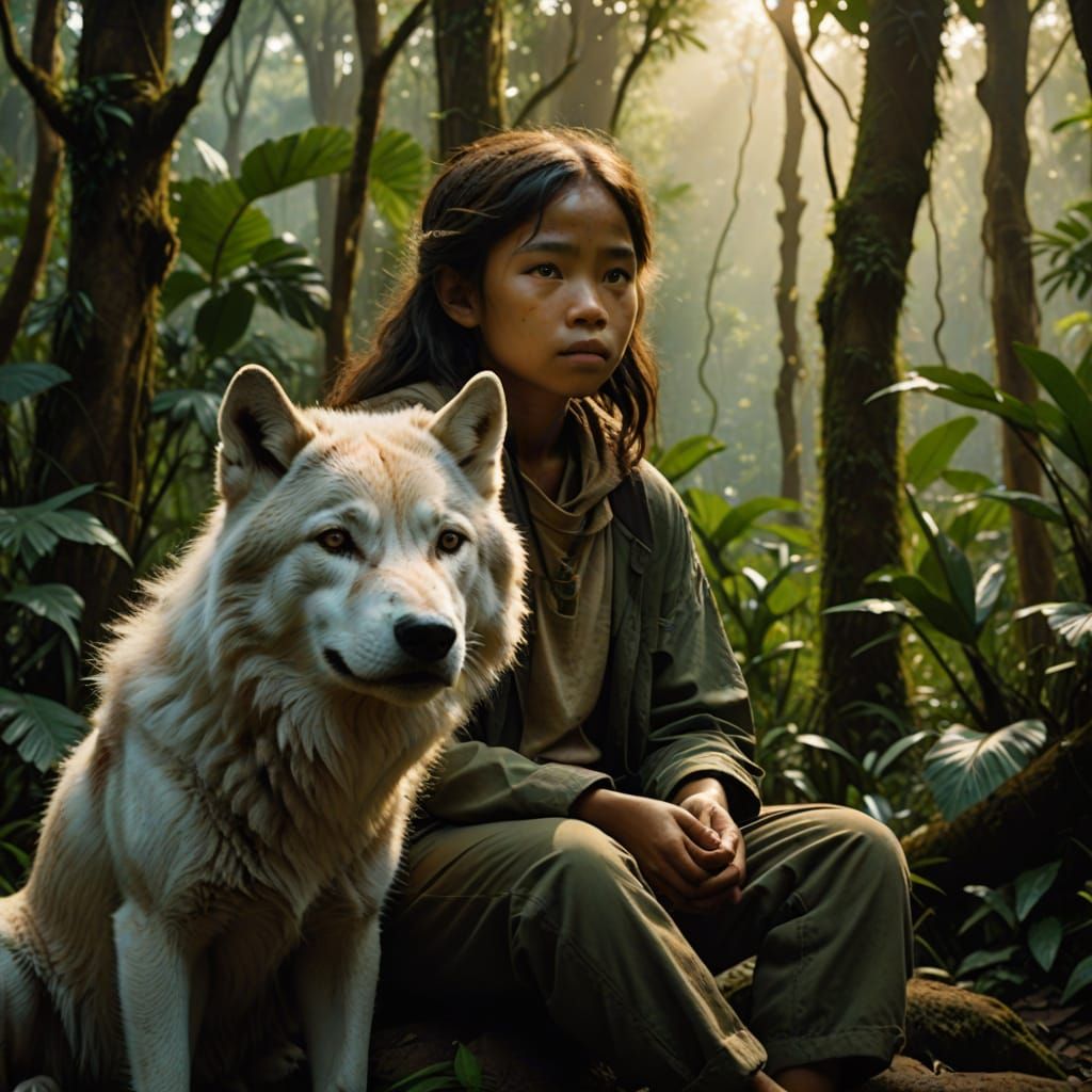 Indonesian Girl with Wolf in Jungle Film Still