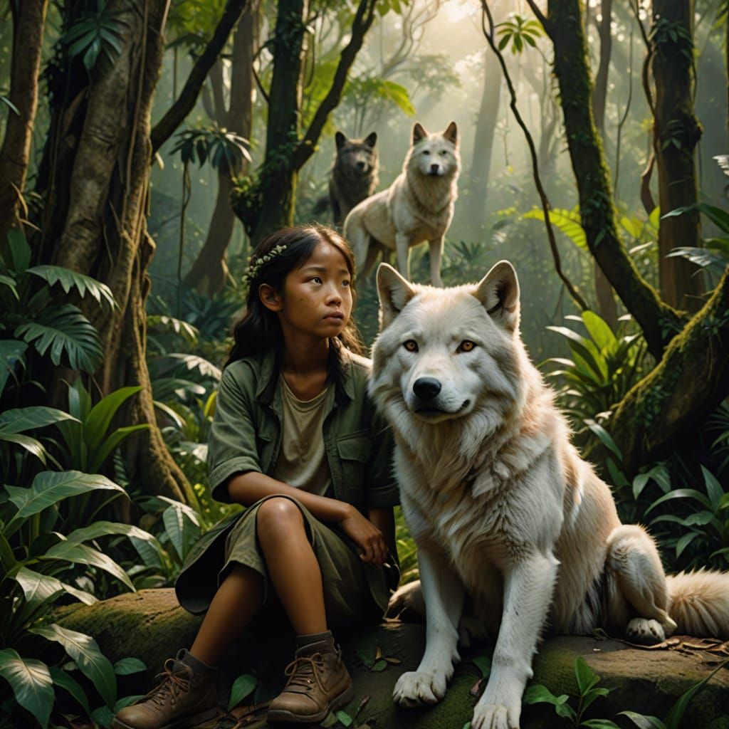 Indonesian Jungle Girl with Wolf in Oil Painting Style