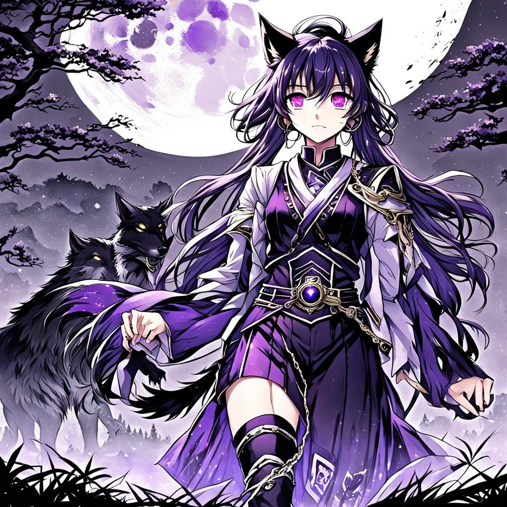 Anime Wolf Girl Under Purple Moon