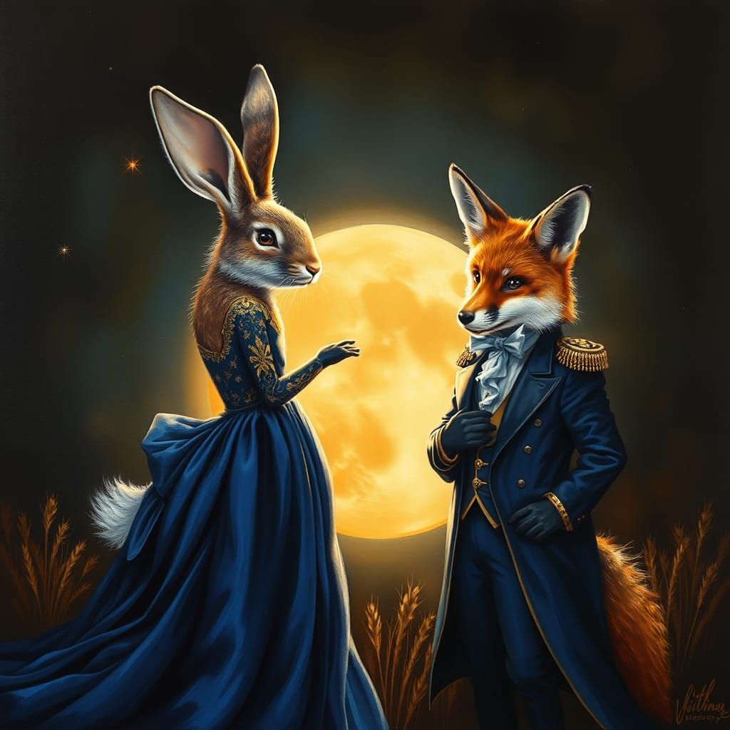 Romantic Rabbit and Fox in Gurney-Style Oil Painting