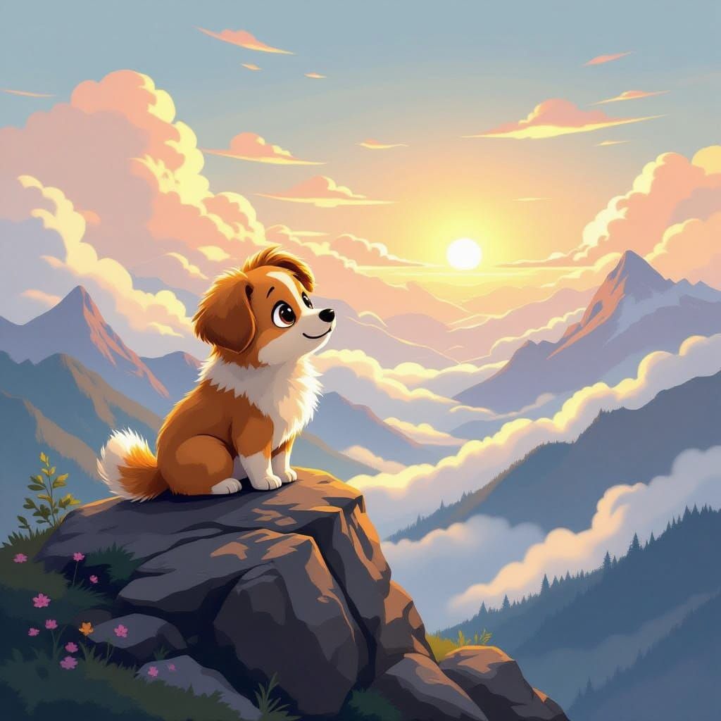 Cute Labubu Character on Mountain Peak in Whimsical Style