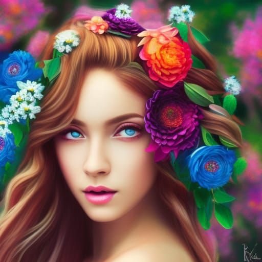 Girl with Flowers Portrait in Art Nouveau Style