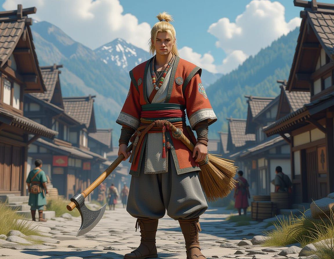 Fantasy Woodcutter in Alpine Village, Artstation Style