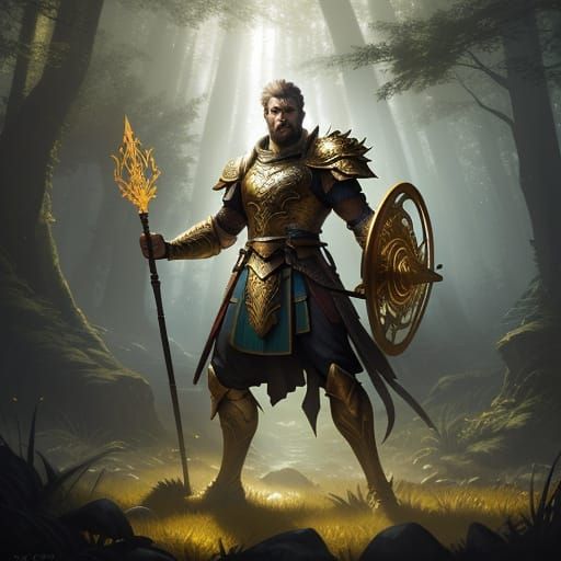 Warrior with Glowing Staff in Magical Forest