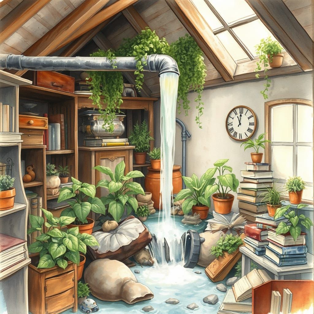 Cozy Attic Oasis: Waterfall Garden in Watercolor Style