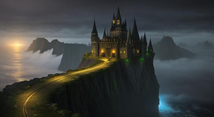 Mysterious Dark Castle at Sunset on the Foggy Coast