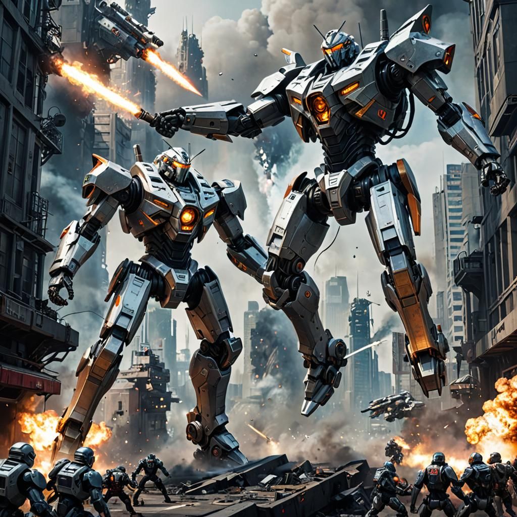 Epic Mecha Battle in Futuristic Cityscape