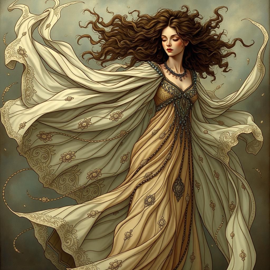 Art Nouveau Woman Dancing in Wind