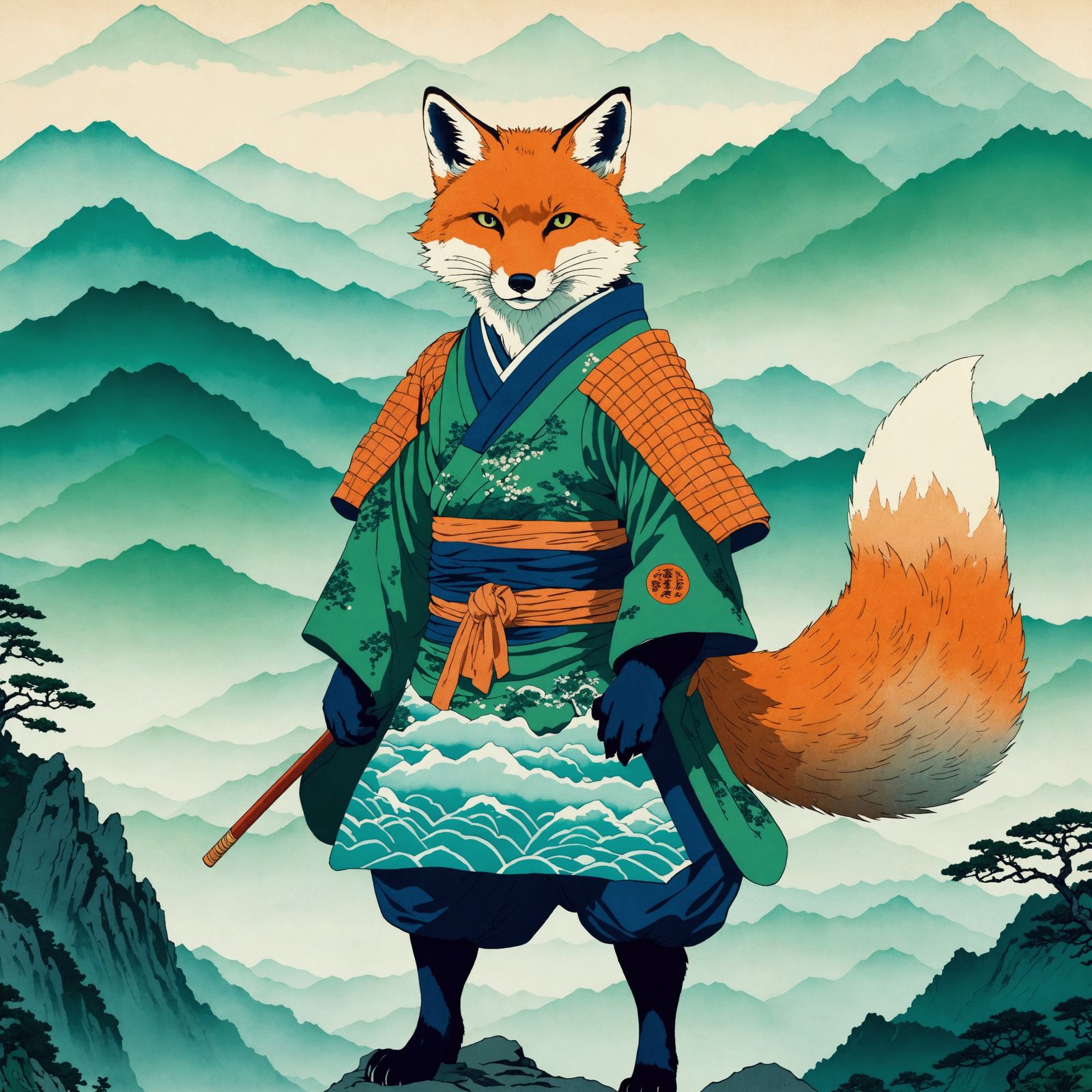 Mountain Spirit Fox in Ukiyo-e Style