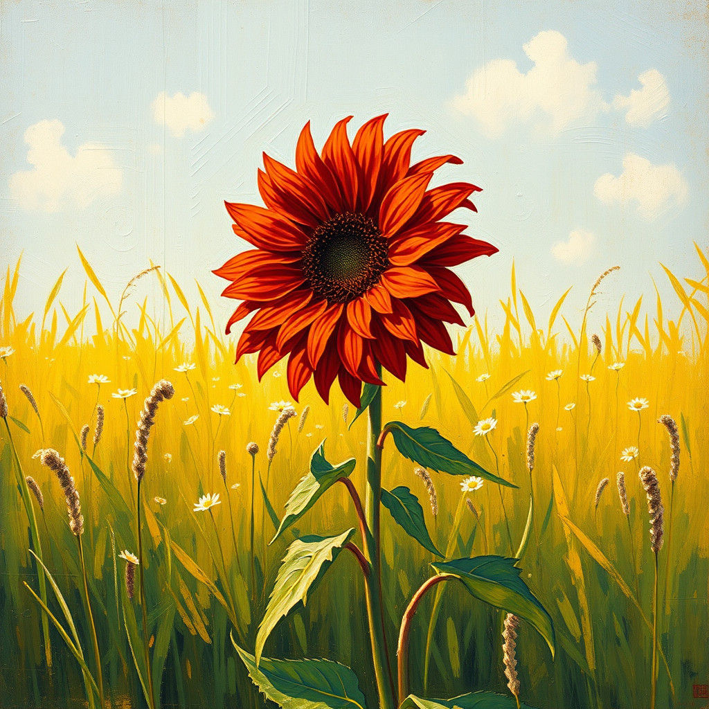 Red Sunflower in Impressionist Style