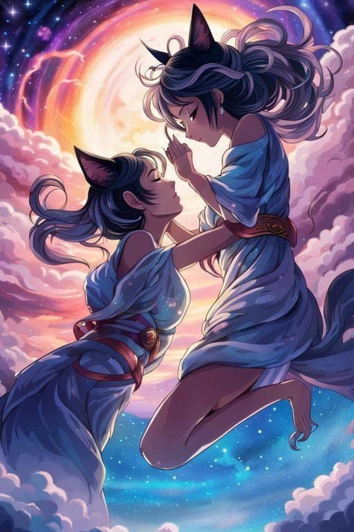 Cat Girls Kissing Before Ancient Stargate, in Ukiyo-e Style