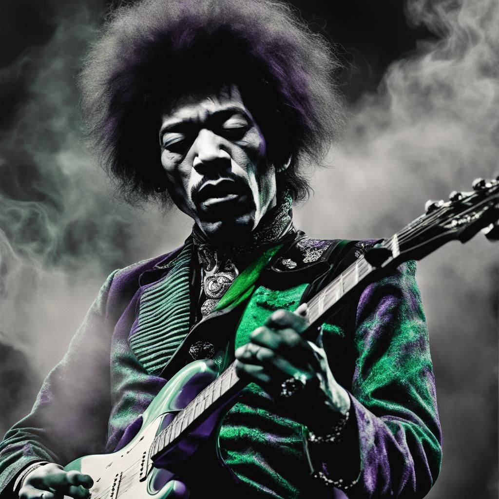 Jimi Hendrix in a Beetlejuice-Inspired Cyberpunk Scene