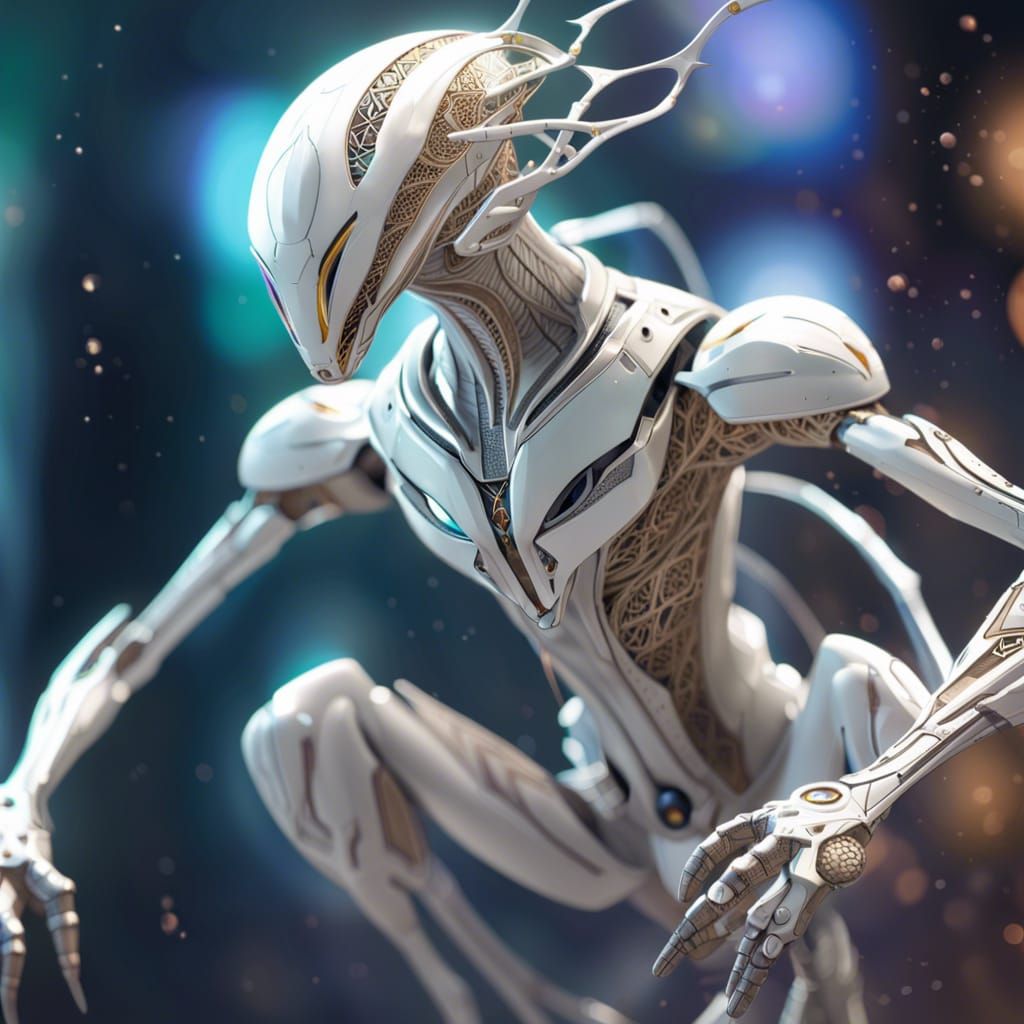 Hyperrealistic White Droid in Fantasy Galaxy