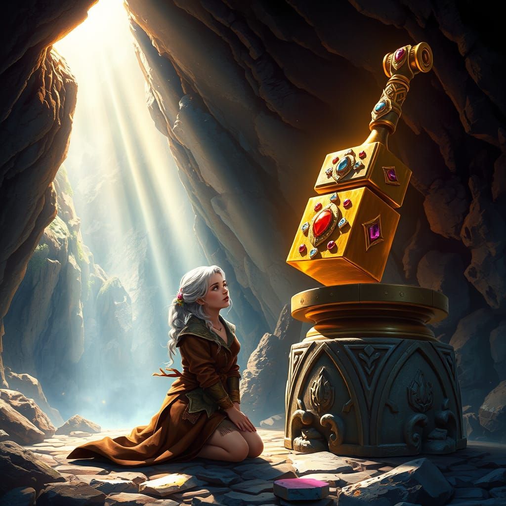 Golden Hammer in Sunlit Mountain Cave with Dwarf