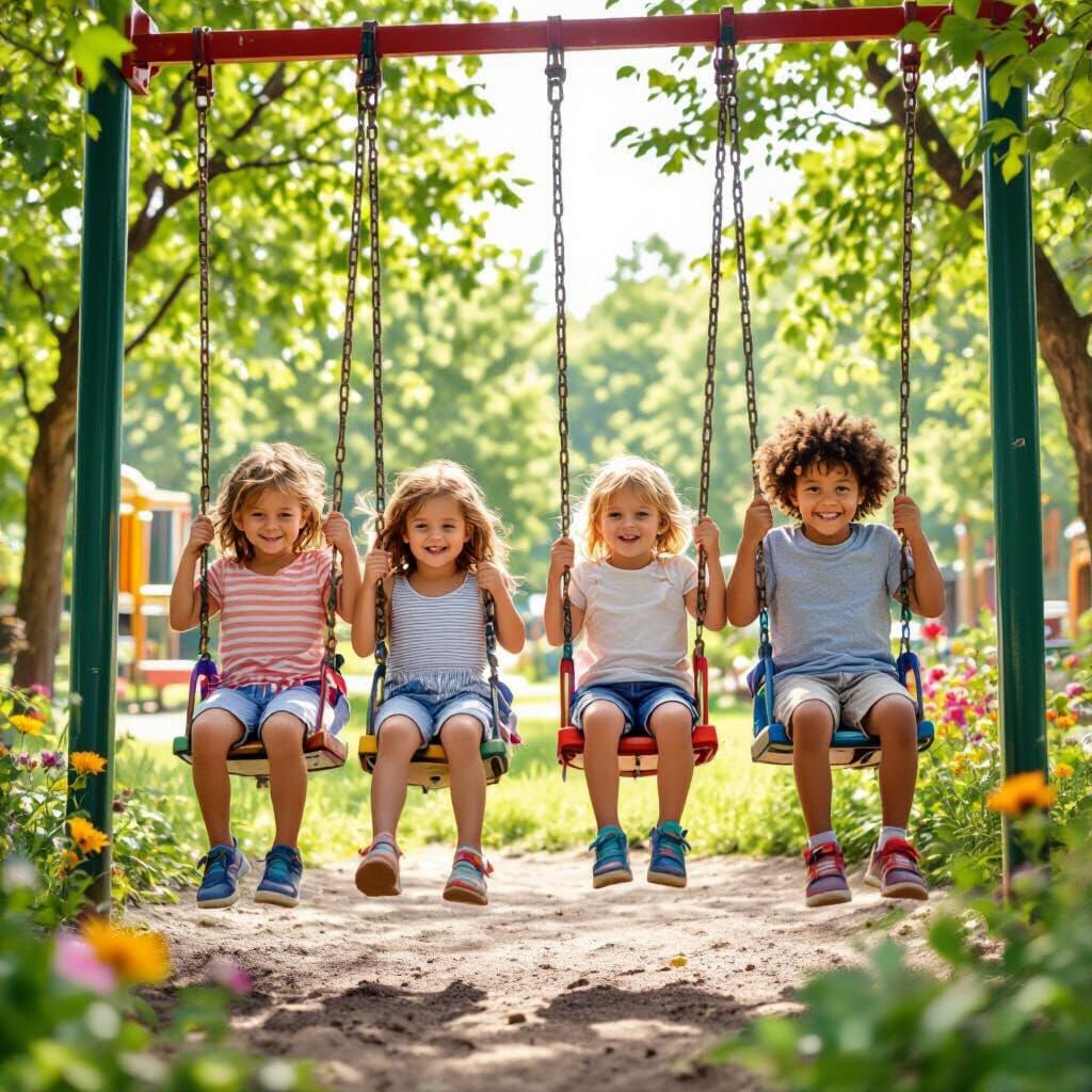 Cheerful Children Playing on Playground in Photorealistic St...
