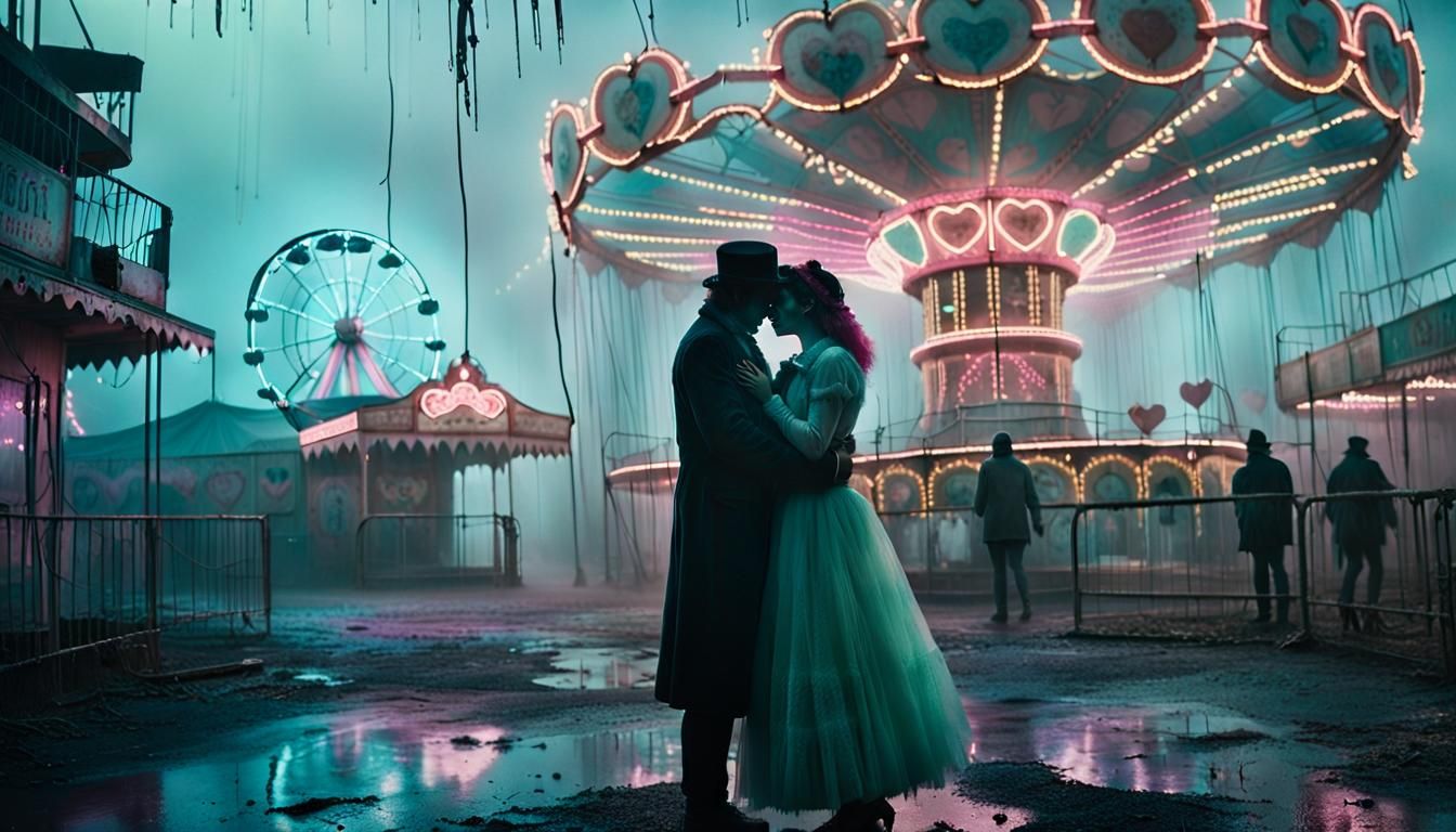 Ethereal Lovers in Abandoned Carnival: Cinematic Film Still