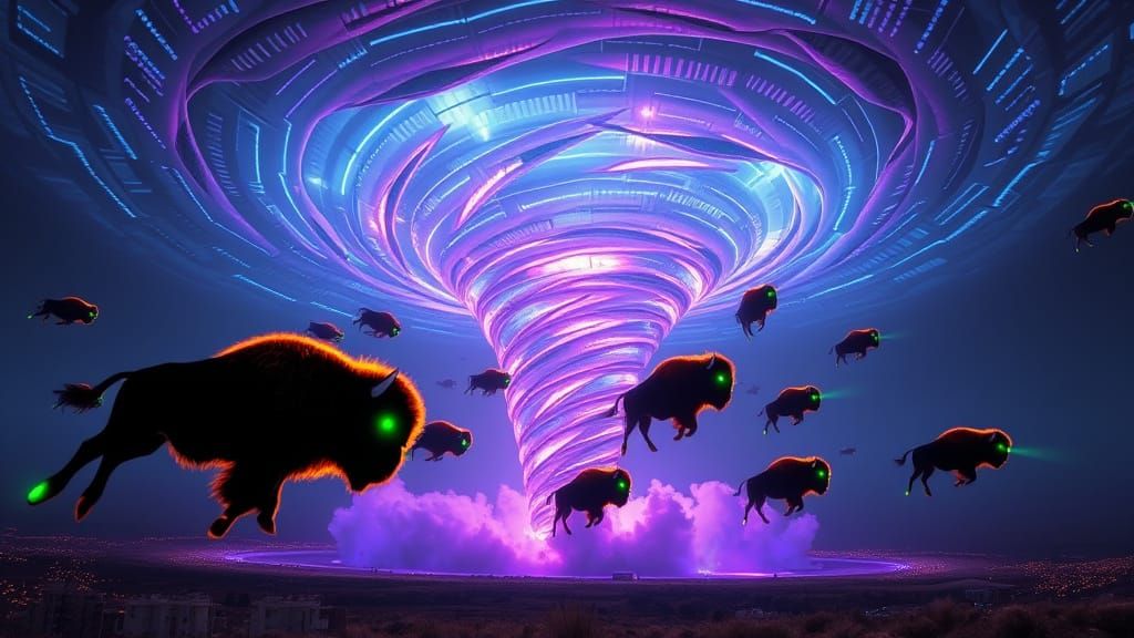 Bioluminescent Tornado Vortex with Flying Furry Bisons