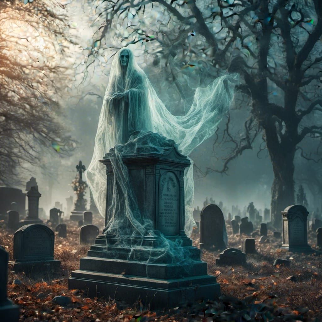 Ethereal Ghost over Gravestone in Double Exposure
