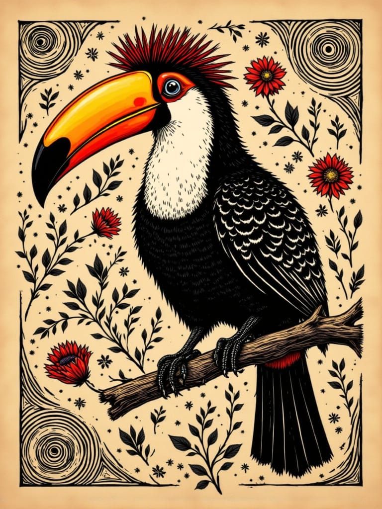 Stylized Toucan in Tribal Linoleum Print Style