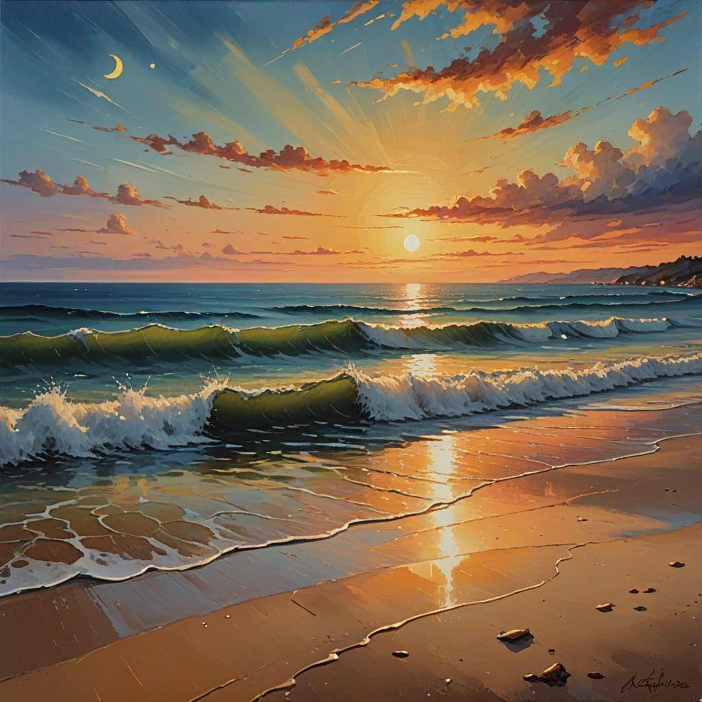 Beach Sunset with Full Moon: Oil Painting