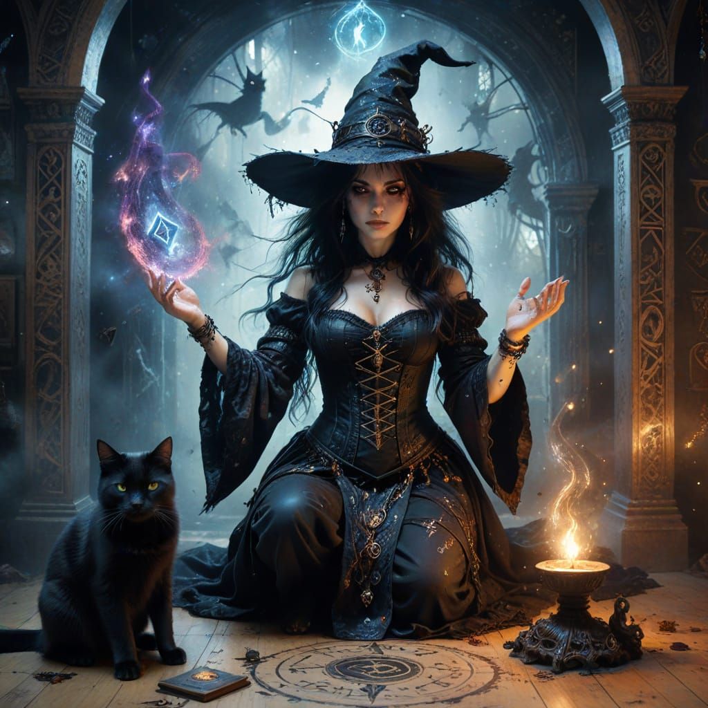 Witch Summons Galaxy Cat with Rune Magic