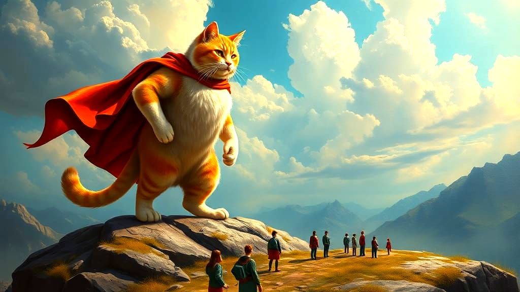 Giant Superhero Cat Observes Earth: Oil Painting