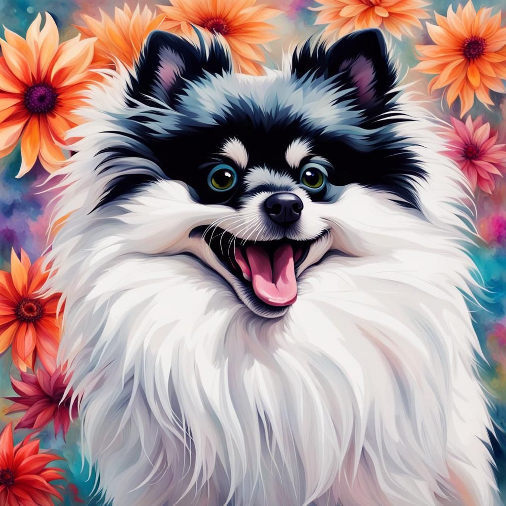 Pomeranian with Dahlia in Abstract Style