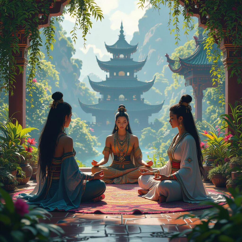 Diverse Figures Meditating in Harmony: Fantasy Art