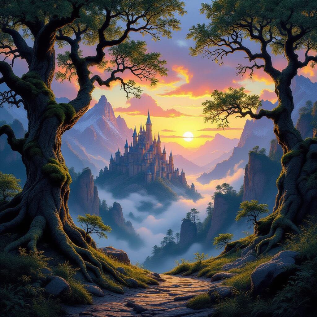 Ethereal Fantasy Landscape with Double Sunset