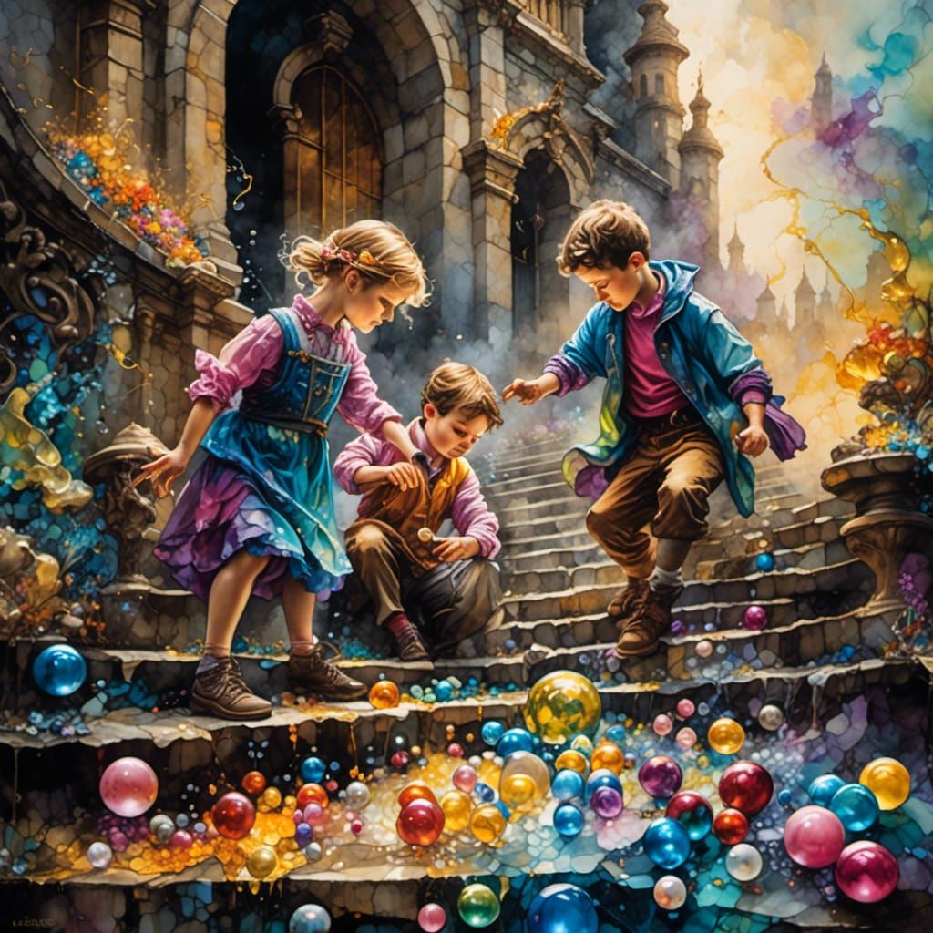 Graffiti Art: Children Playing Marbles on Castle Steps