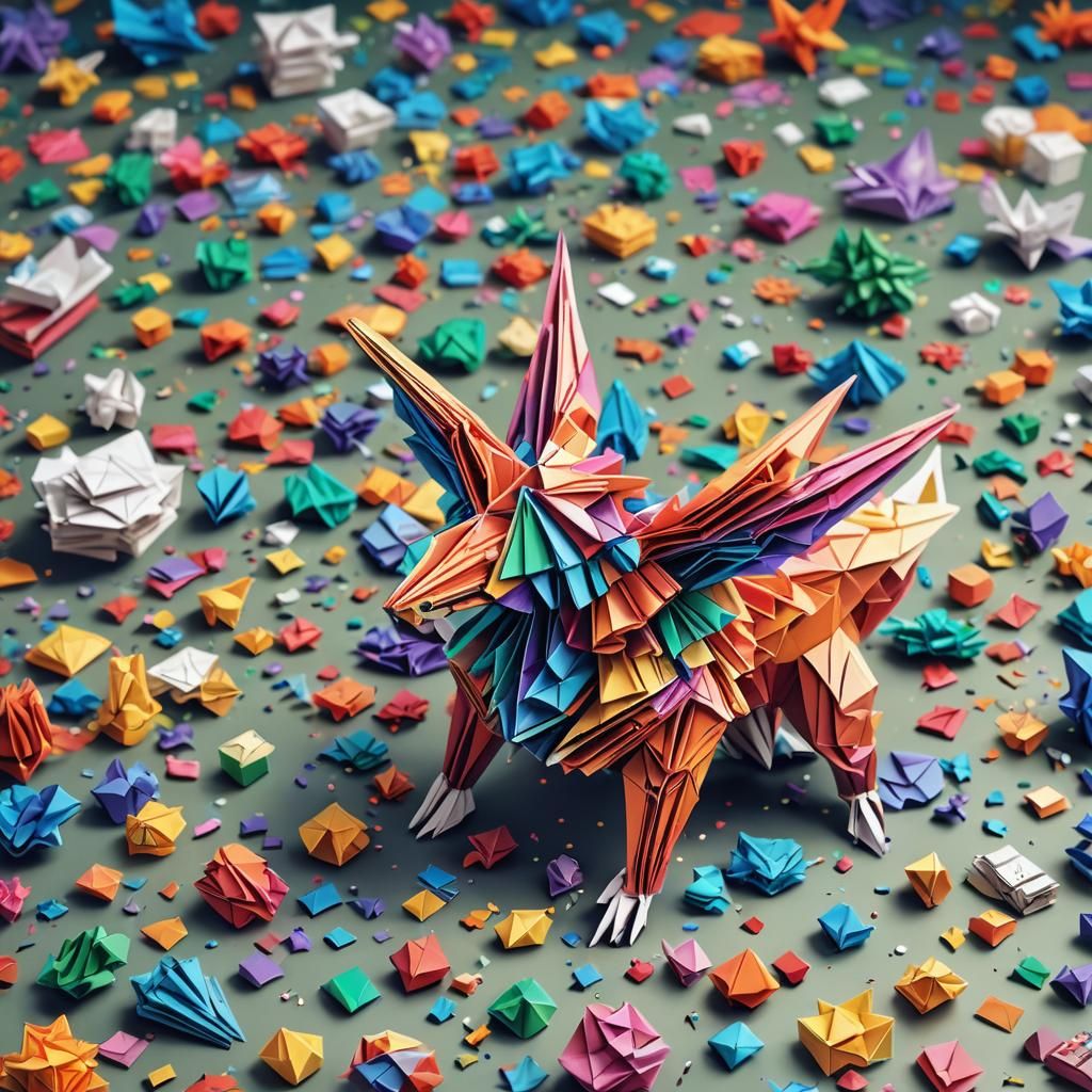Detailed Pixel Art of Origami Papercraft on Desk