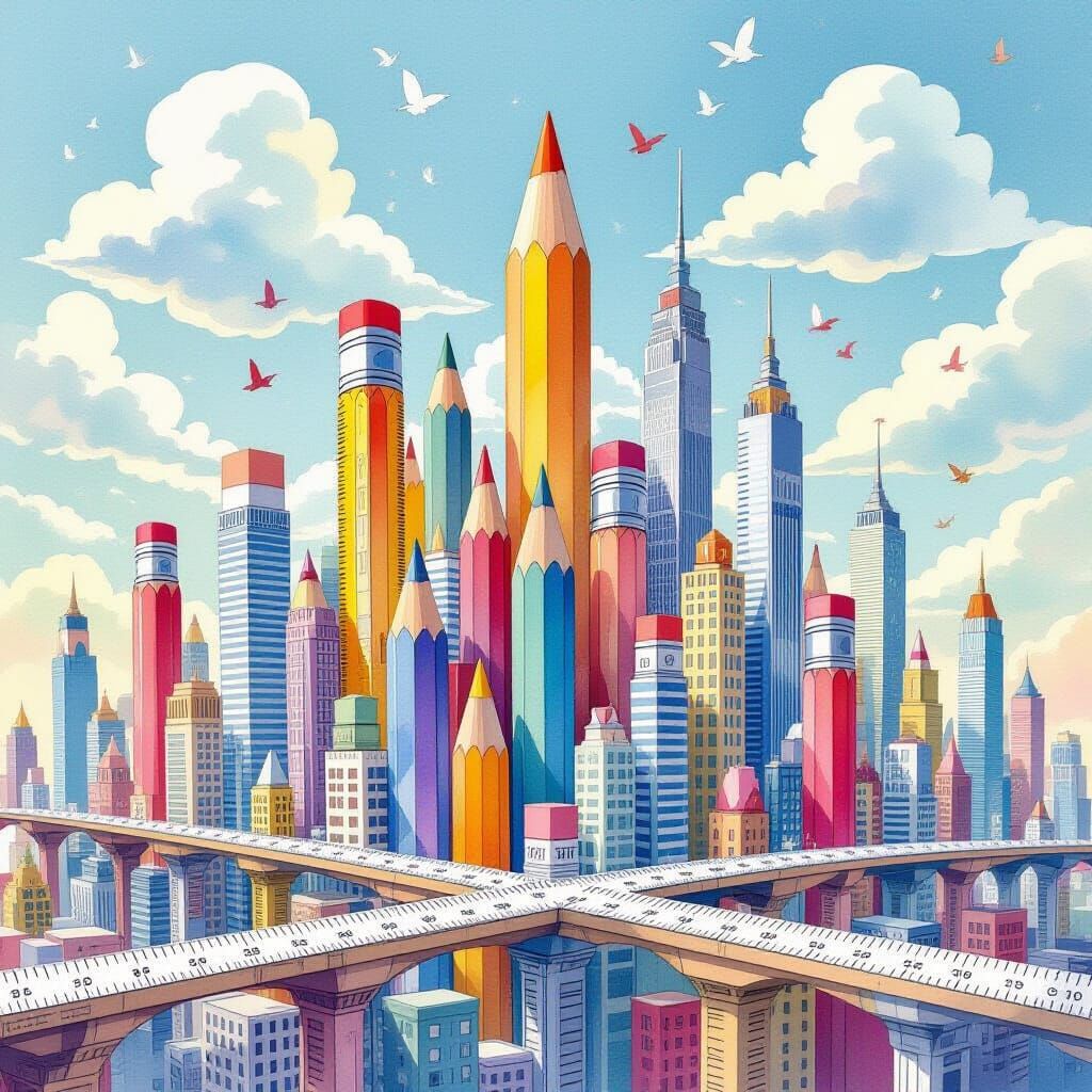 Whimsical Pencil Cityscape with Watercolor Sky