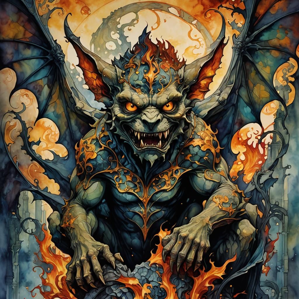 Fiery Gargoyle in Art Nouveau Style