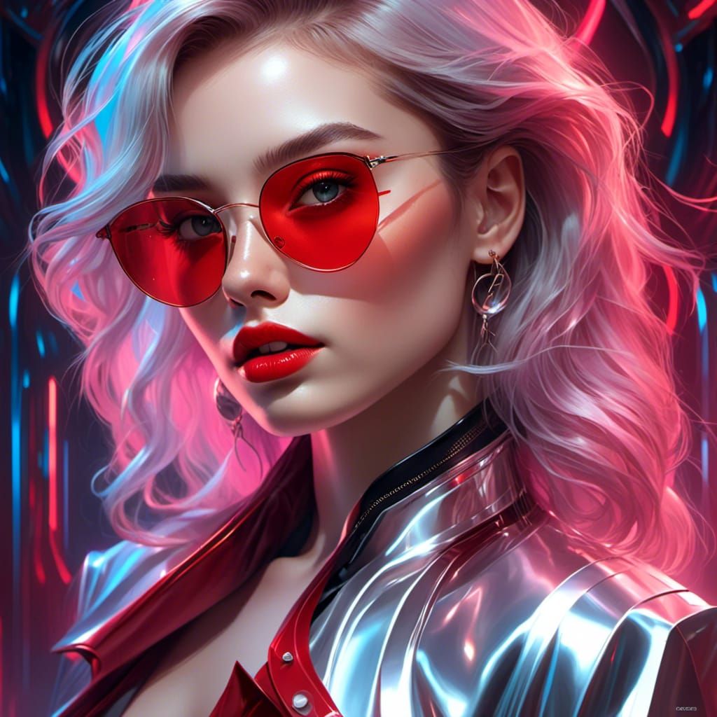 Woman's Portrait with Red Lensed Glasses