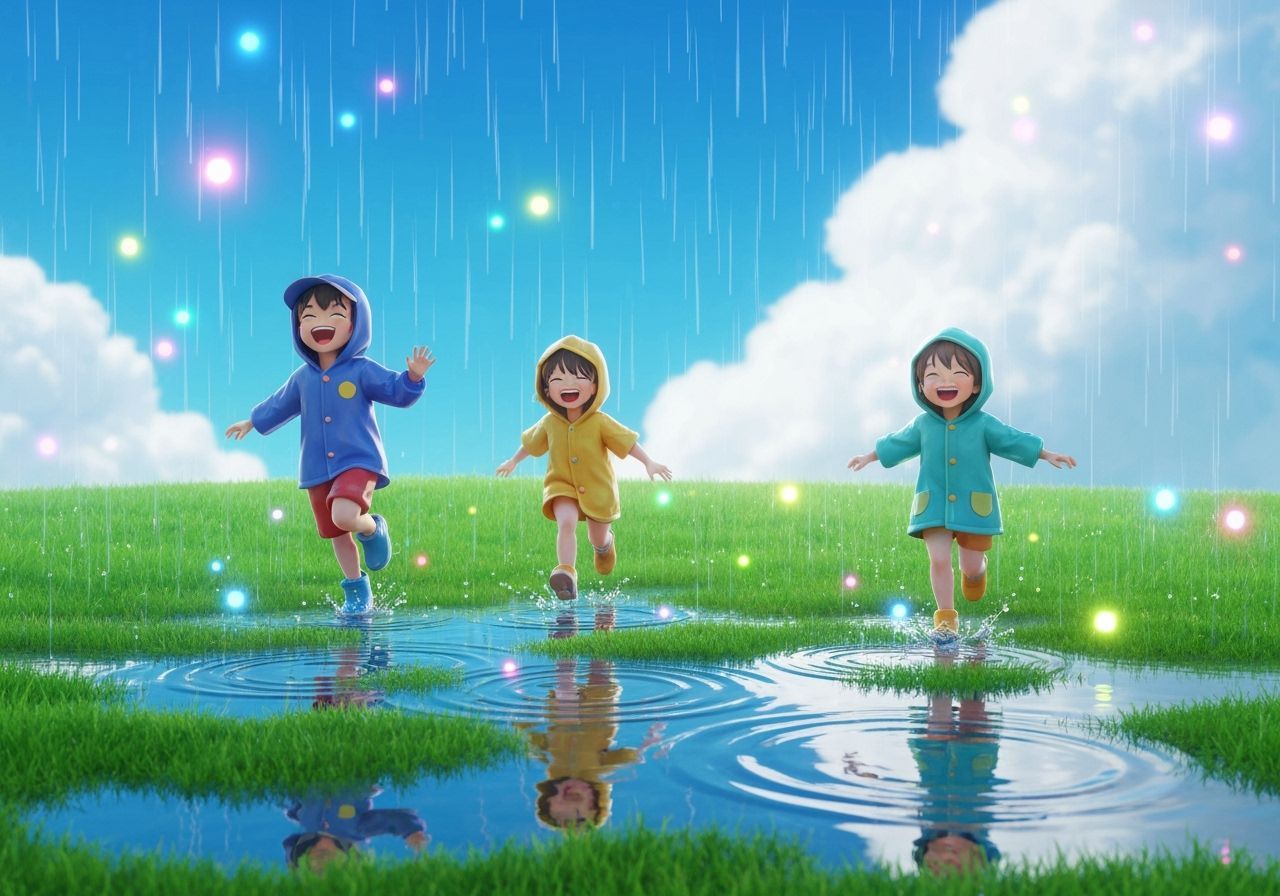 Magical Rainy Day: Children's Joy in 3D Anime Style
