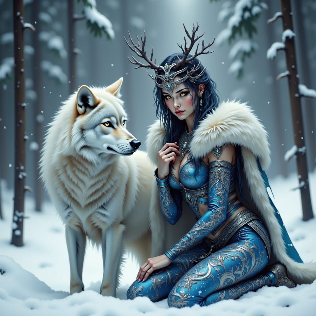 Serene Winter Guardian Figures with Majestic Wolf
